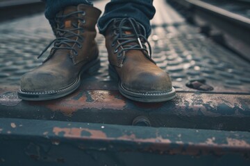 Feet on rusty metal steps wearing sturdy brown work boots.