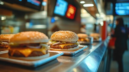 Prepared hamburger patties on buns, ready for customers in a restaurant kitchen.