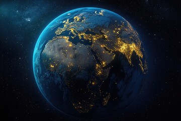 Fototapeta premium A digital illustration of Earth at night with illuminated countries showing human activity.