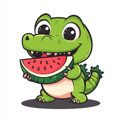 Obraz premium Cartoon alligator holds watermelon slice on white background for childrens' designs