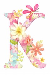 Colorful decorative letter K with flowers on a grey background.