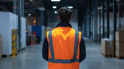 Warehouse worker in safety vest from behind. Ideal for industrial safety, logistics operations, or workplace procedures.