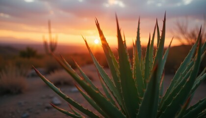Aloe plant glowing under golden sunset in desert