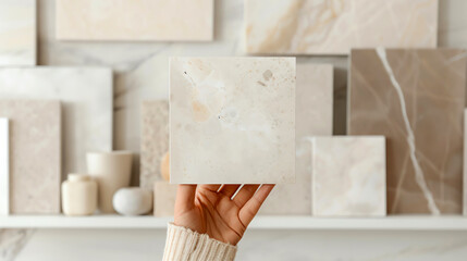 Showroom Setting A woman holding a marble sample in a showroom filled with other stone samples and design elements