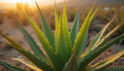 Obraz premium Aloe plant glowing under golden sunset in desert