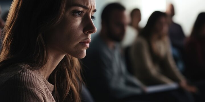 In courtroom setting, woman testifies with focus and concern; audience watches attentively.