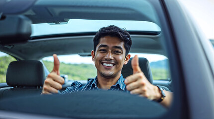 Person driving a car and showing thumb up