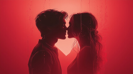 Minimalist line art of a couple kissing inside a heart outline, light pastel background. Bright lighting, contrast with copy space for text