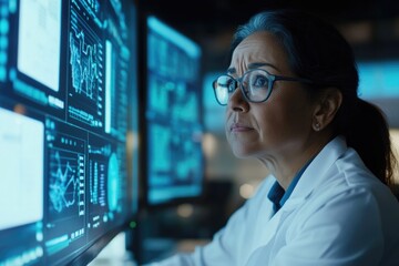 The image depicts a professional woman, presumably a scientist, engrossed in analyzing complex data on her computer screen. She is wearing glasses and a lab coat
