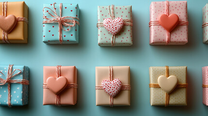 Flat lay of gift-wrapped boxes with heart tags in a repeating pattern, pastel background. Bright lighting, contrast with copy space for text