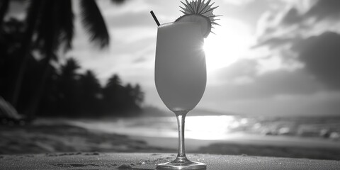 Calm and serene beach scene with a cocktail by the water's edge.