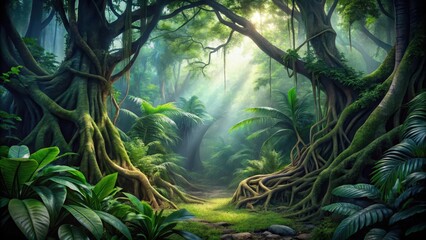 Dense foliage and twisted tree trunks in complete darkness , eerie, jungle,  eerie, jungle