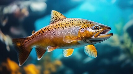 Fototapeta premium A brown trout swims in a tank with blue water and yellow and orange corals.