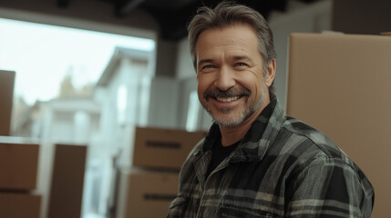 Mature man in plaid shirt at warehouse facility. Perfect for logistics management, distribution center, or supply chain operations.