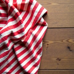 A red and white striped textile resting on a wooden surface, perfect for food photography.