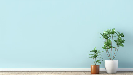 Fototapeta premium Minimalist interior with copy space light blue wall and wooden floor, and two green potted plants on right corner. Ideal for text overlay or showcasing products in calm and serene setting