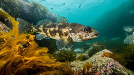 Stunning Underwater Image of a Spotted Kelp Bass Fish Swimming near Golden Kelp Forest Ocean Wildlife Aquatic Nature Scene Sea Reef Blue Deep Rock Coral Photo  