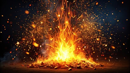 Glowing sparks flying upwards from a dark background with flames and embers, set against a black canvas of night sky