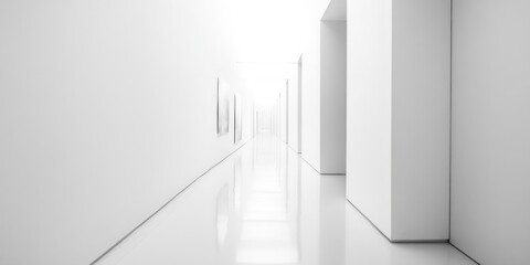 Obraz premium An abstract art gallery with white floors and high-contrast artworks on display.
