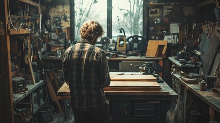 Obraz premium In a well-worn workshop, a skilled carpenter meticulously saws a wooden plank, surrounded by various tools and materials