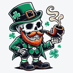 Cartoon leprechaun skull with whiskers and pipe stock illustration