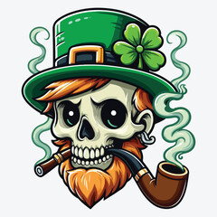 Cartoon leprechaun skull with whiskers and pipe stock illustration
