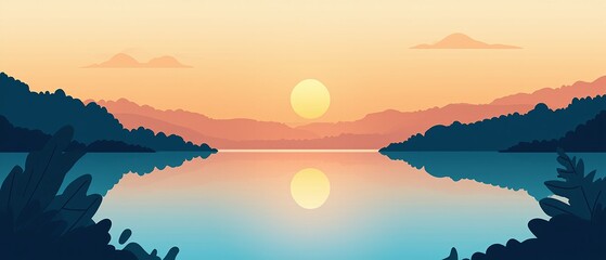 Naklejka premium A flat vector illustration of a sunrise over a tranquil lake. Made with generative AI