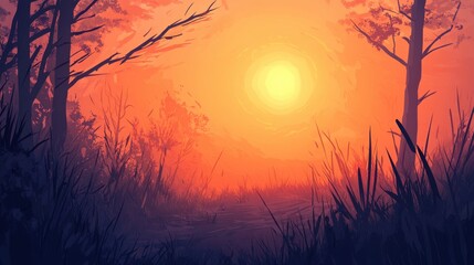 Fototapeta premium Sunset Path Through Silhouetted Trees and Tall Grass