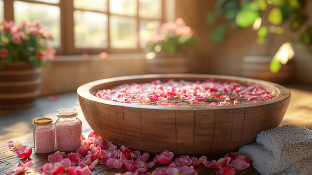 a wooden bowl filled with pink petals