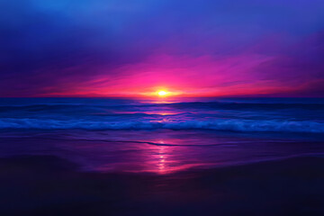 Fototapeta premium Vibrant sunset over calm ocean waves on a sandy beach.