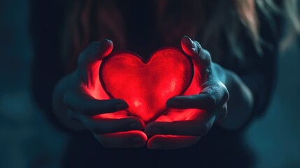 Two hands cradling red heart emblem