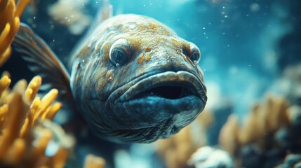 A fish is swimming in the ocean with corals and algae around it.