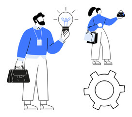 Businessman holding light bulb with briefcase, businesswoman with shopping bags holding box, and gear. Ideal for business strategy, innovation, teamwork, brainstorming, productivity, problem solving