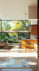 Open concept living space showcasing kitchen dining and living areas in a midcentury modern style surrounded by nature bright and inviting atmosphere