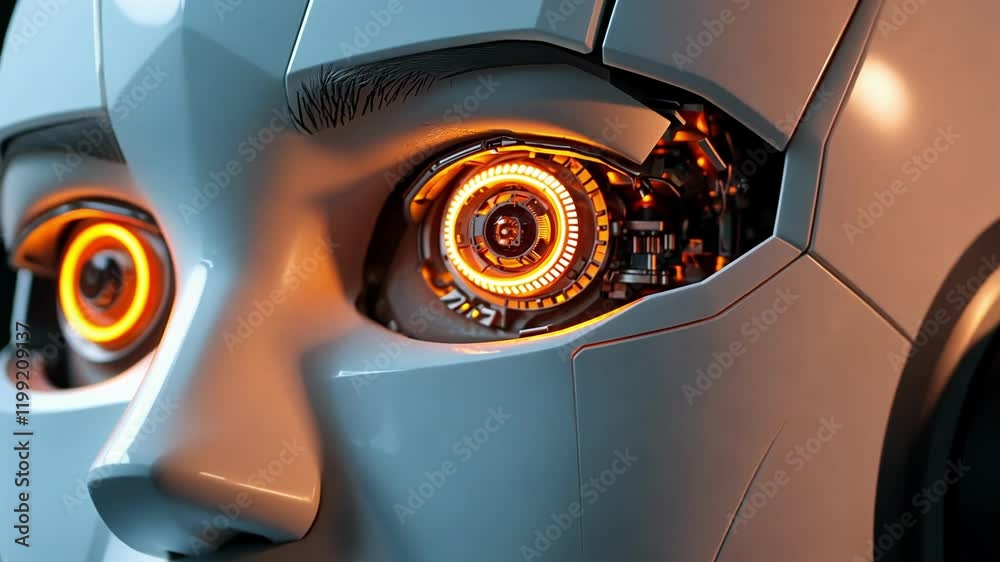 Poster exploring the intricate details of a robotic eye with glowing mechanics and advanced technology. gen