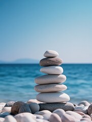 This image shows a tranquil beach scene featuring stacked rocks. The arrangement of the stones suggests a sense of balance and harmony with nature.