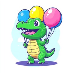 Fototapeta premium Green cartoon alligator holds three balloons on a white background for kid's art