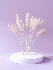 The image features a simple yet elegant floral arrangement that combines natural sorghum stalks with the modernity of a minimalist vase. The contrast between the purple backdrop