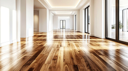 Fototapeta premium Luxury Home Interior: Sunlit Spacious Room with Elegant Wood Flooring and Modern Design