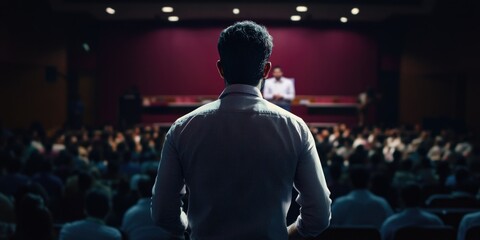 Man standing on stage speaking to audience at conference or seminar.