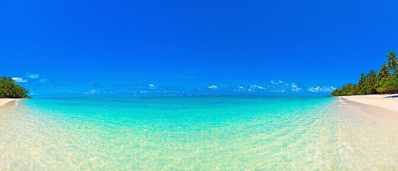Fototapeta premium A panoramic view of a tropical beach where the sea meets the sky. Made with generative AI