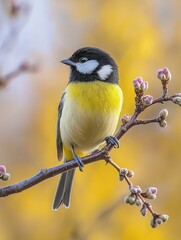 Obraz premium A charming black-capped chickadee perched on a branch, with pink flowers in the background, signifying the arrival of spring.