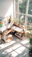 Creative tools in a midcentury modern artist's studio bright and inviting atmosphere inspiring workspace aerial view of organized chaos