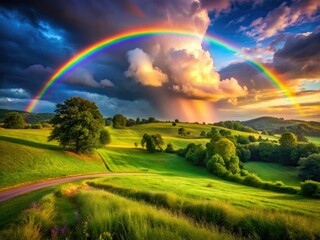 Obraz premium Rainbow Rural Landscape After Rain - Hopeful Renewal