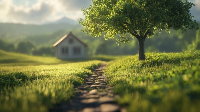 Idyllic rural scene stone path leads to a small house nestled in a sun-drenched green field, tree shading the path.