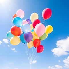 Obraz premium Colorful balloons effortlessly floating against a serene and picturesque blue sky with wispy clouds creating a whimsical carefree and magical atmosphere