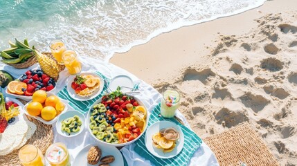 Naklejka premium Joyful family beach brunch sandy shoreline vibrant fruit bowls and smoothies colorful beach towels bright and cheerful atmosphere