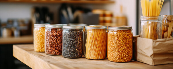 Neatly arranged jars of raw foods including lentils, quinoa, and spaghetti create vibrant display in cozy kitchen setting, showcasing healthy ingredients for cooking