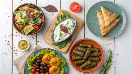 Selection of traditional Greek food - salad, meze, pie, fish, tzatziki, dolma on wood background, top view.