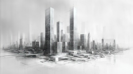 Fototapeta premium Sketch of futuristic city skyline, skyscrapers.